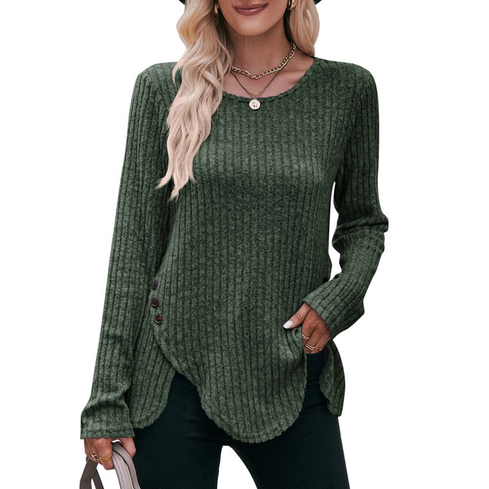 Autumn and Winter Women's Blouse Round Neck Pit Stripes Abrasion Solid Color Long Sleeve Tops