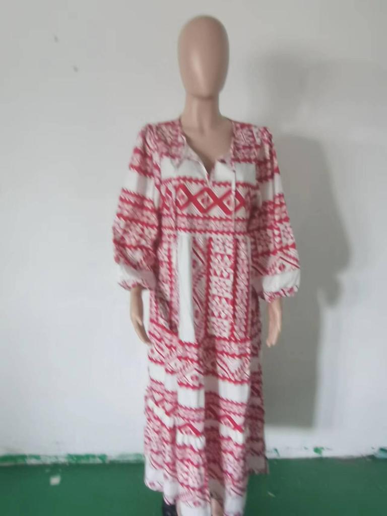 Летнее трендовое платье с геометрическим узором и рукавами-фонариками 2022 года, женская мода больших размеров.