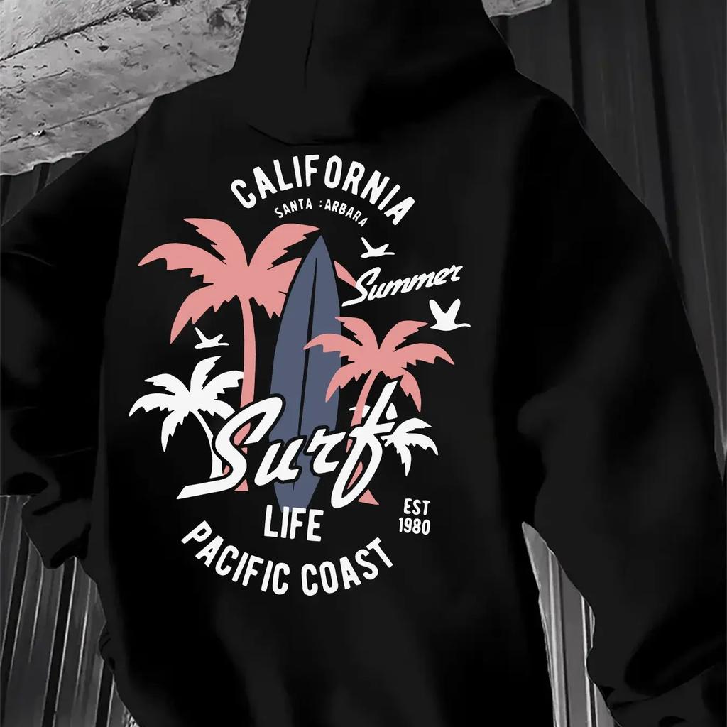 Vintage West Coast Surf Hooded Sweatshirt Men California Palm Tree Graphic Back Print Casual Loose Hoodie