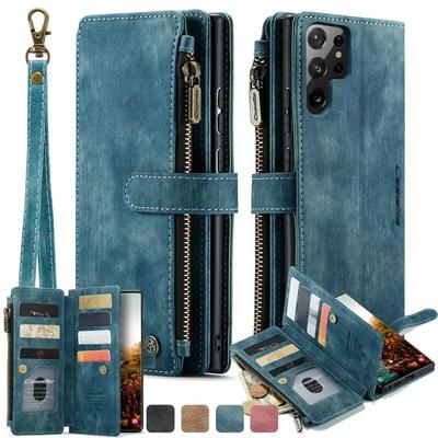 CaseMe Кожаный чехол-книжка для Samsung Galaxy S26 Ultra S25 Edge S24 FE S23 S22 S21 S20 Plus S10 Note 20 Ultra с молнией, кошельком и карманом для карт, чехол
