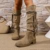 Fashion Sexy Tassel Suede Long Western Cowboy Boots Women 2025 Winter Thick Heel Knee High Boots Retro Khaki Medium Heel Shoes Plus Size
