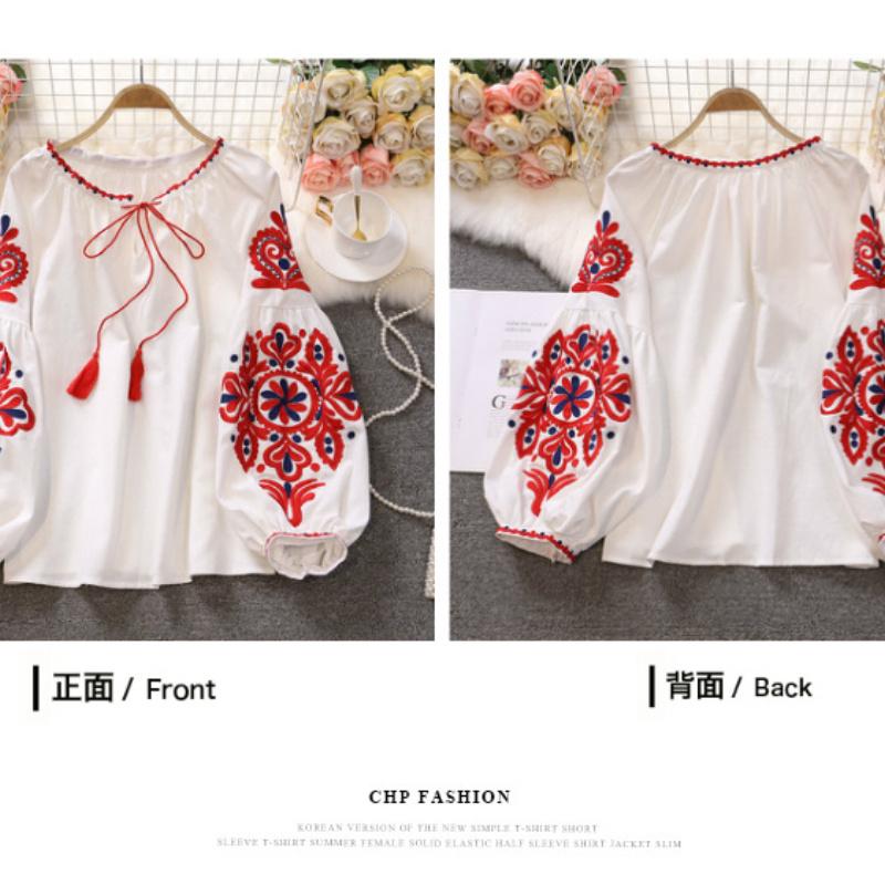 RUGOD Путешествия, отпуск, ретро, ​​этнический стиль, вышивка, кружевная кисточка, v-образный вырез, рубашка в западном стиле с рукавами-фонариками, женский свободный топ