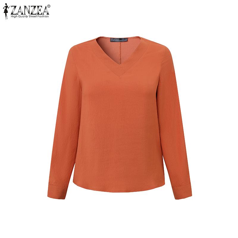 ZANZEA Женская повседневная однотонная свободная блузка с V-образным вырезом и длинным рукавом