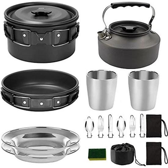 Cooker setsolo cookercooking gearpot setstainless steelkettleoutdoorfor 2-3 peoplewith storage bagtableware setcompactmountaineeringdisaster (black)