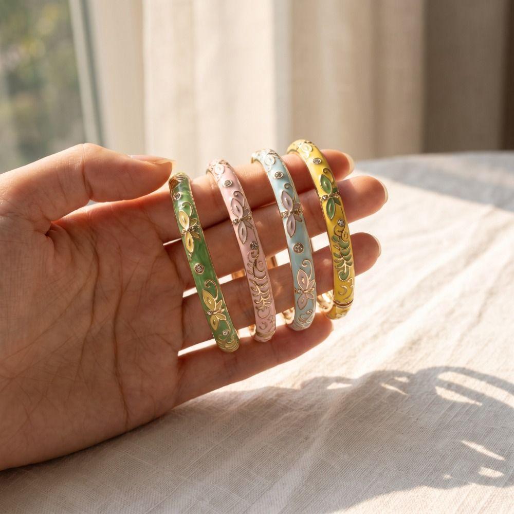 Enamel Flower Butterfly Bangle Chinese Traditional Women's Hand Bracelet Stacking Wear