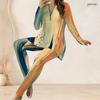 Women Plus Size Green Yellow Printed Half Zip Long Sleeve Top And Long Pants Two Piece Set