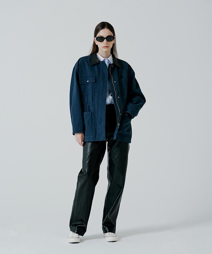 Pinblack Leather Collar Hunting Jacket Navy