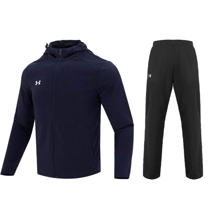 Under Armour Solid Color Zip Hooded Jacket And Long Pants Casual Sports Set Men Sets Ink-Blue Black 23600303-409+21500737-001