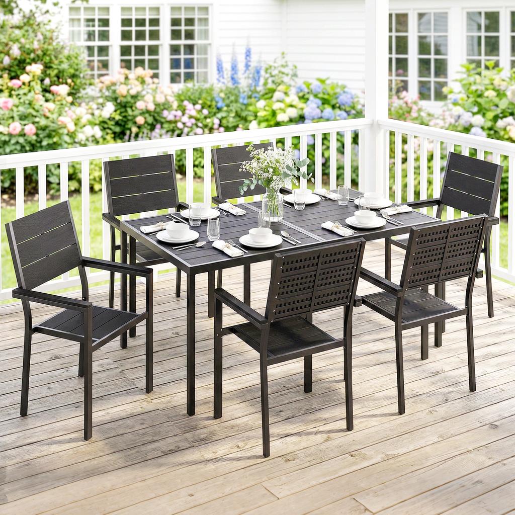 7 Pieces Outdoor Dining Set, Patio Table and Chairs for 6, Garden Dining Furniture Set with Slatted Tabletop