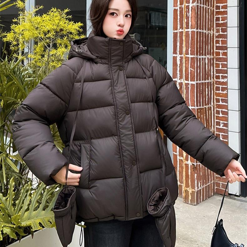 Export women's large twill hooded cotton-padded clothes, waist belt, medium and long styles, small people to keep warm