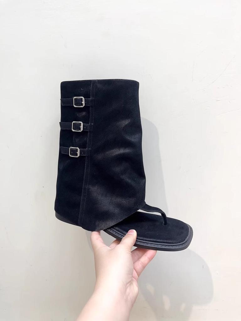 Летние новые ретро стиль пряжка ремня плоская подошва открытый носок брюки короткие ботинки женские средние голенища елочка крутые ботинки