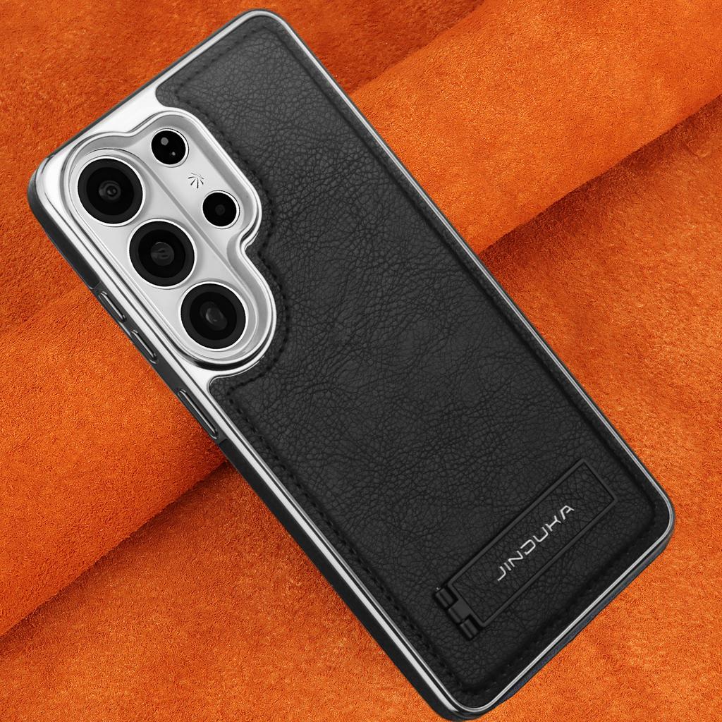Premium Vintage Leather Case for Samsung Galaxy S26 Ultra S25+Plus S24 with Kickstand Holder Business Stylish Plating Frame