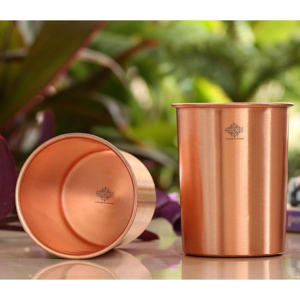 Pure Copper Plain Glass with Matt Finish Design, Drinking Serving Water, Yoga Ayurveda, Volume-300 Ml, Pack of 2