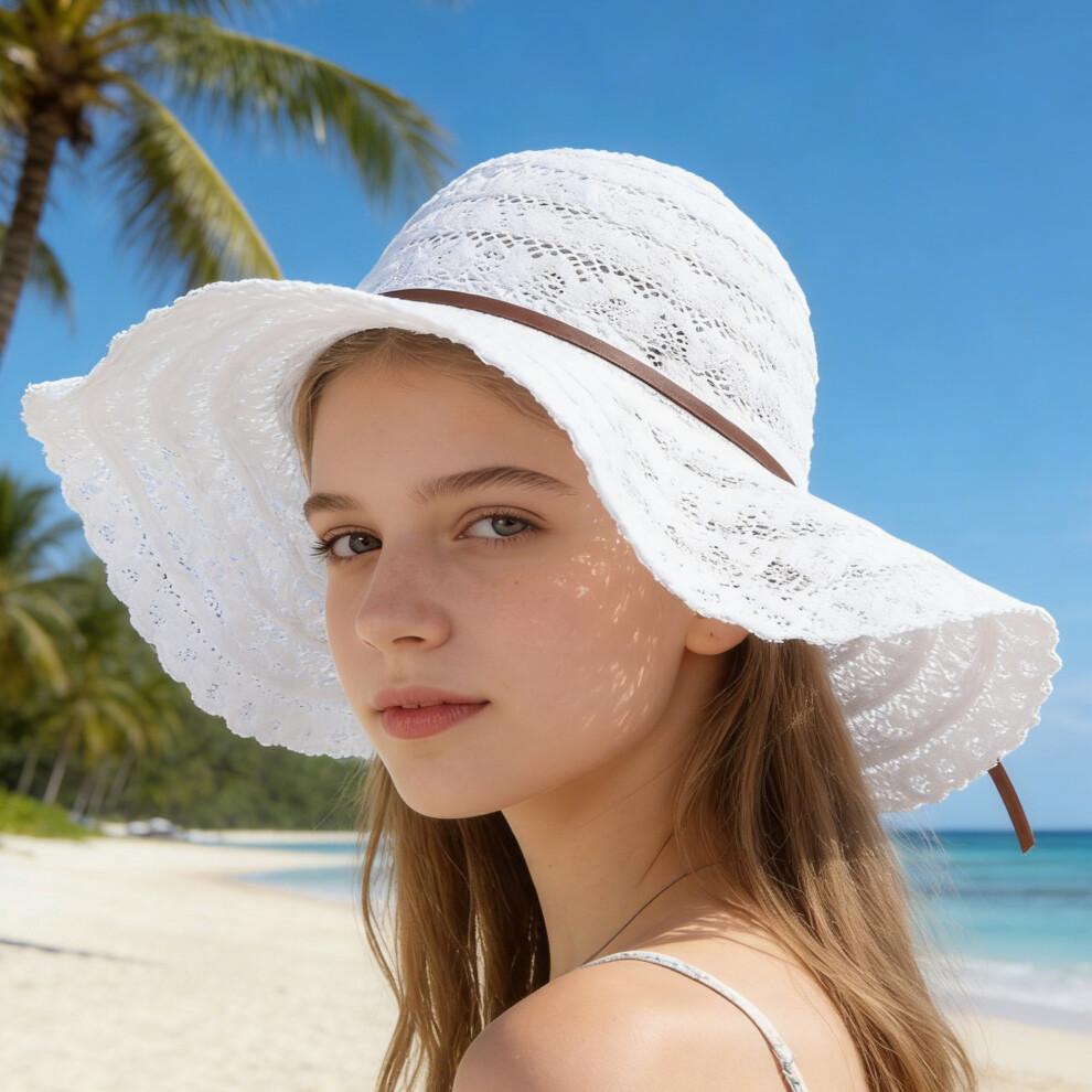 (One Size, White) Women's Summer Straw Hat Elegant Floppy Wide Brim Beach Cap Lightweight Lace Sun Hat