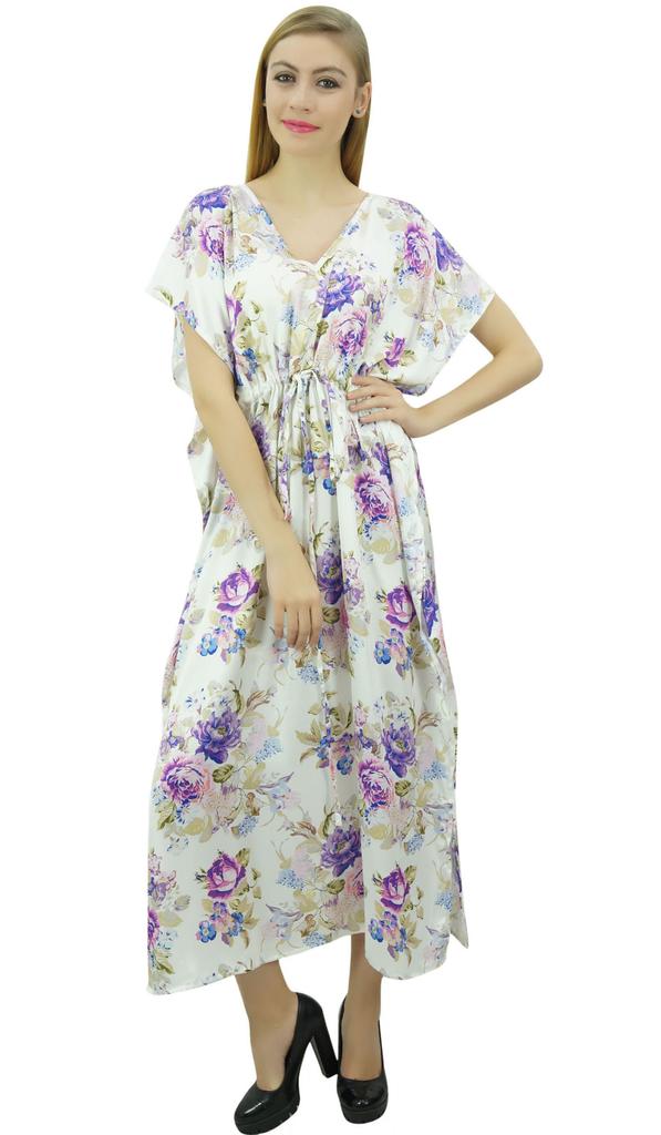 Bimba Женское длинное платье-кафтан с завязками и белым цветочным принтом для подготовки к празднику -