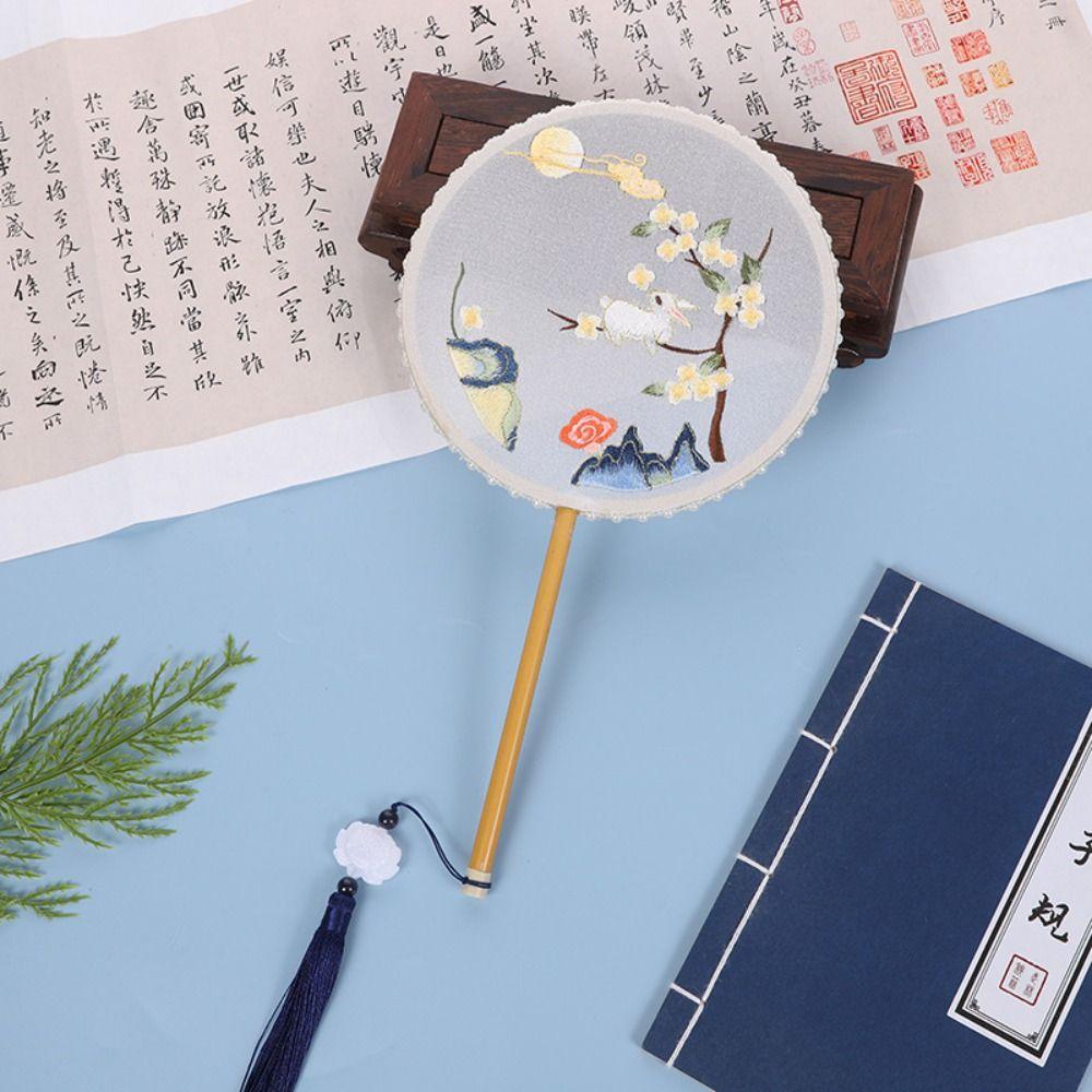Классический круглый веер в китайском стиле, винтажный вышитый шелковый веер, двусторонний с кисточкой, ручной веер для женщин