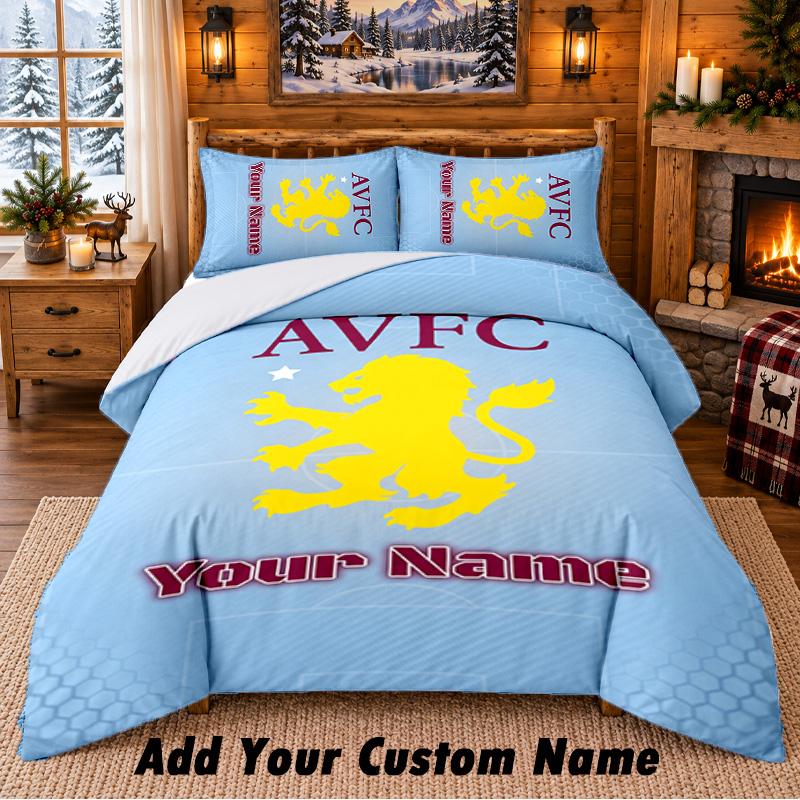 Aston Villa Pattern Bedding 3Pcs Set Custom Name, Bed Sheet And Pillowcases For Home Bedroom