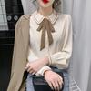 Bow Lapel Chiffon Blouse Women Sexy Office Shirts Long Sleeve Korean Style Thin Women Loose Shirt