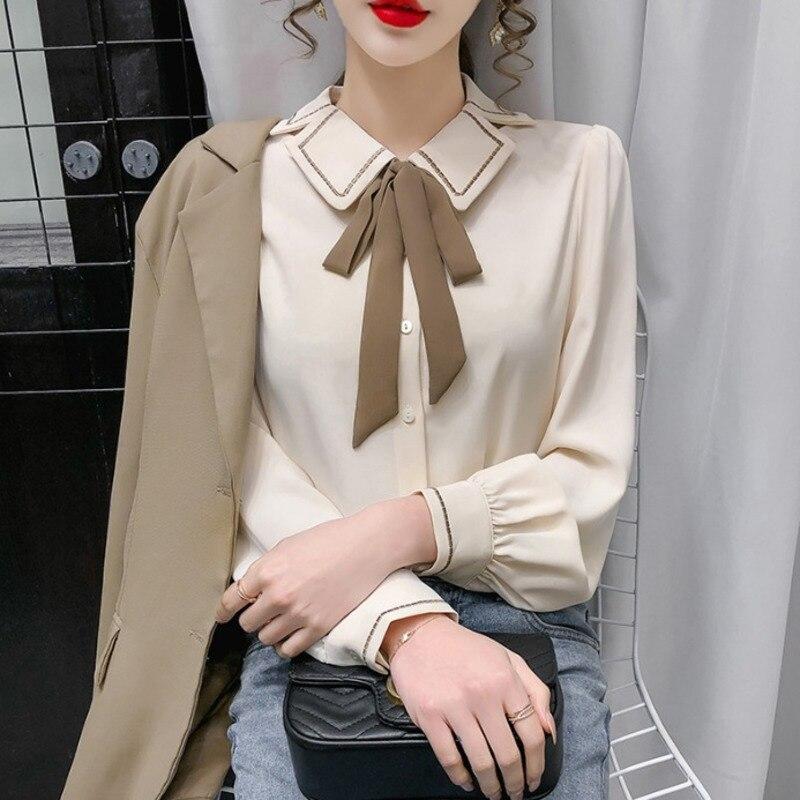 Bow Lapel Chiffon Blouse Women Sexy Office Shirts Long Sleeve Korean Style Thin Women Loose Shirt