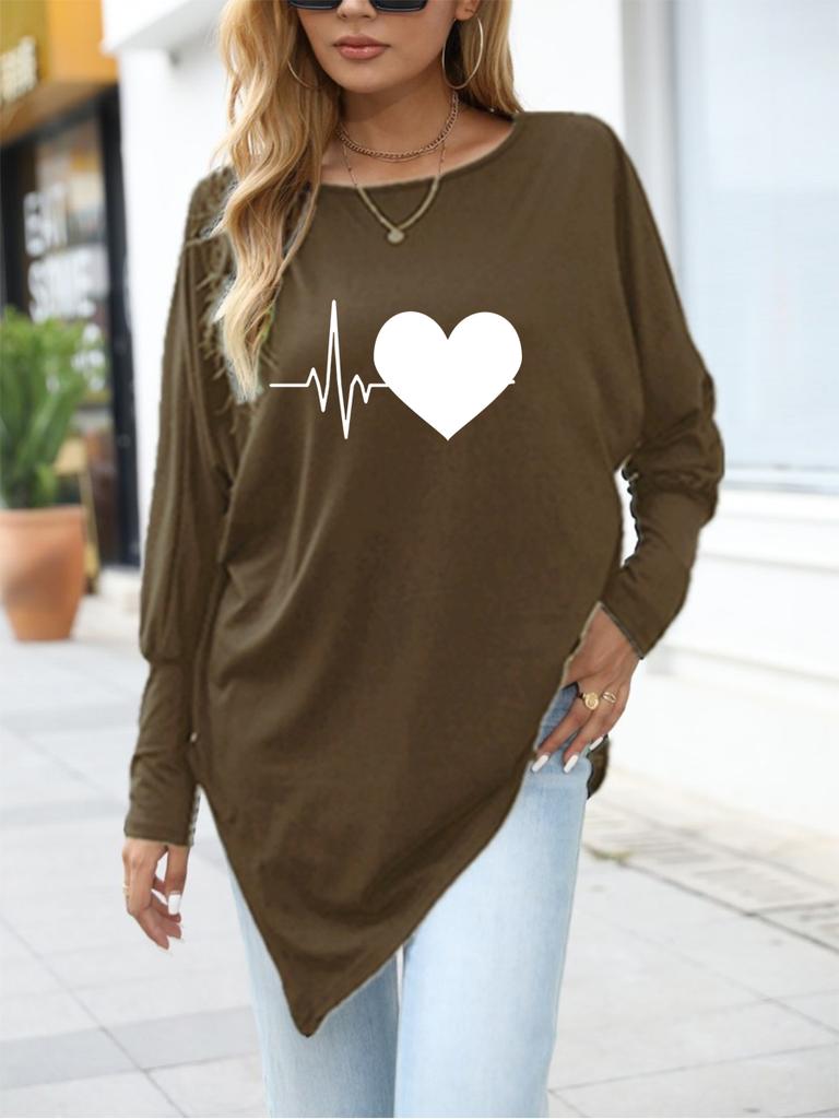 Women's Oversize Long-Sleeve Spring/Fall Asymmetrical Hem T-Shirt Fashion Printed Logn Sleeve Top