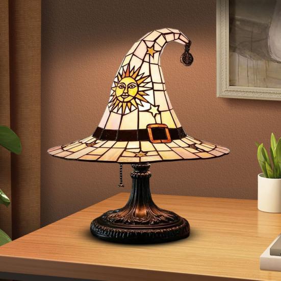 Лампа в виде шляпы ведьмы, витражное стекло, смола, свет в виде шляпы волшебника, жуткая готическая настольная лампа, декоративный торшер для вечеринки в помещении, Хэллоуина с привидениями, спальни