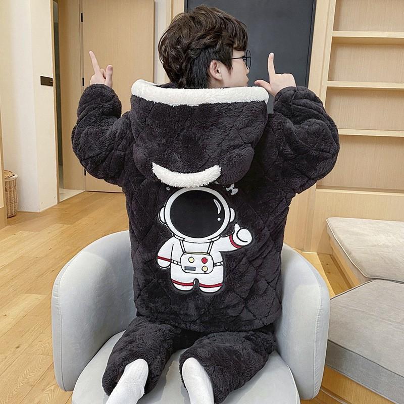 Thickened 3-Layer Cotton Padded Winter Boys Pajamas Set Coral Fleece Warm Sleepwear Kids Ages 8