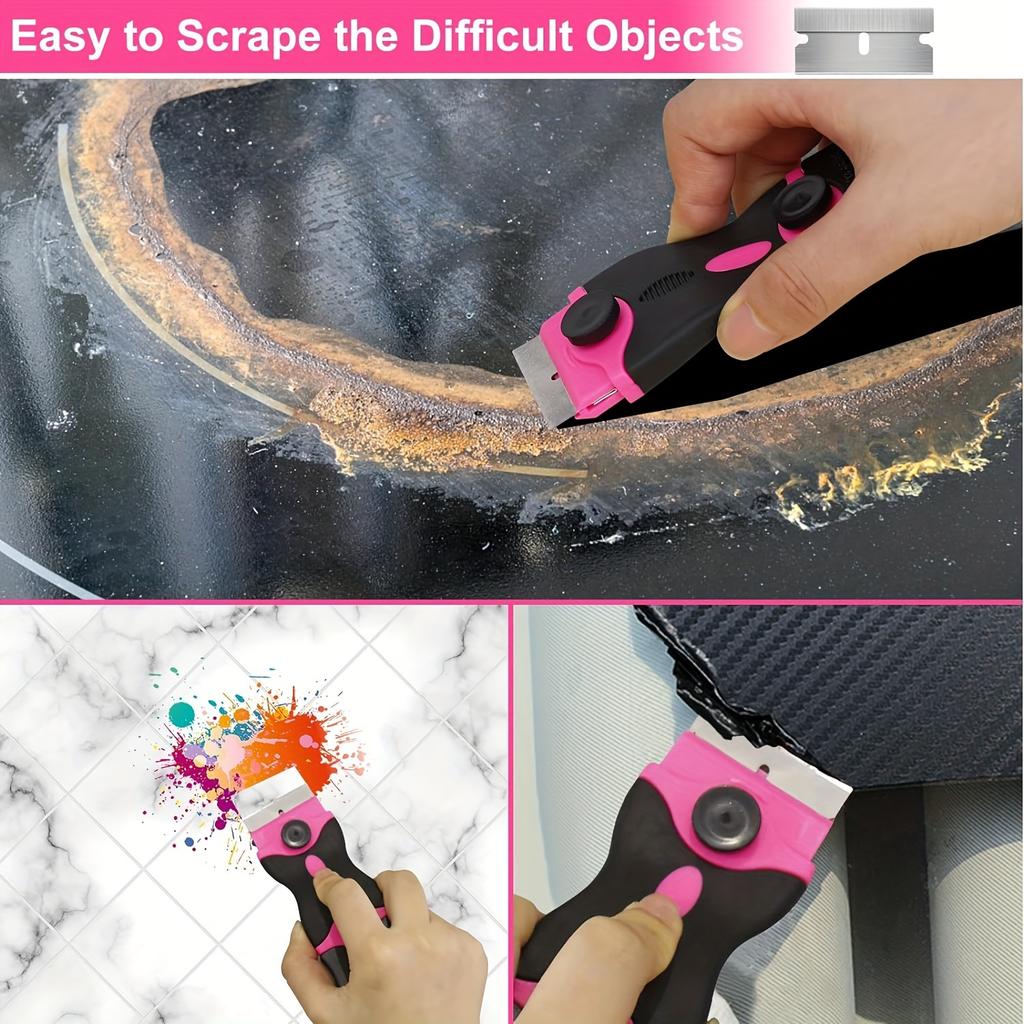 Pink 2-End Adhesive Removal Scraper Set with 10 Metal Blades and 10 Plastic Blades for Windows Glass Stoves Stickers Labels