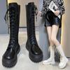Women Knee High Boots Thick Sole Punk Style Women Motorcycle Boots Retro Square Heel Lace Up Women Boots Black White Botas Mujer