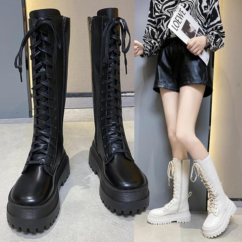 Women Knee High Boots Thick Sole Punk Style Women Motorcycle Boots Retro Square Heel Lace Up Women Boots Black White Botas Mujer