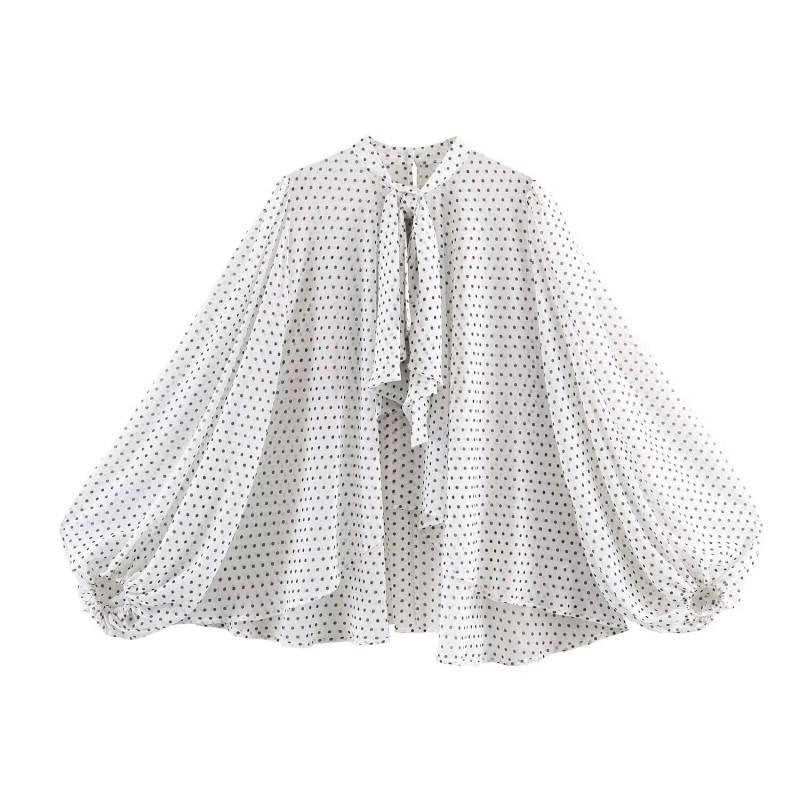 Womens Polka Dot Cape-Style Blouse With Bow Detail Loose Fit Long Sleeve Top Sweet Comfortable