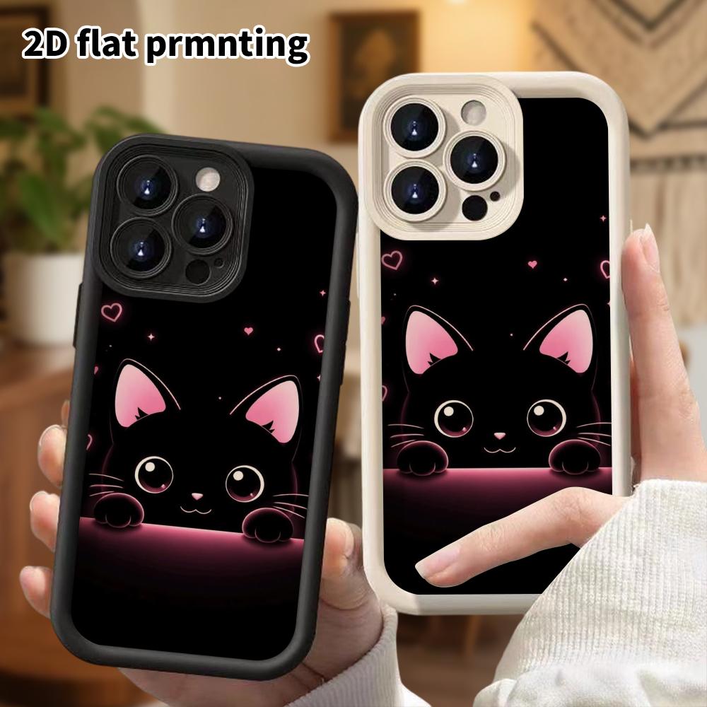 Phone Case: 2D flat design suitable for iPhone 18, 17, 16, 15, 14, 13 Pro stepped protective case, probe pink light little black cat, Christmas and Ha
