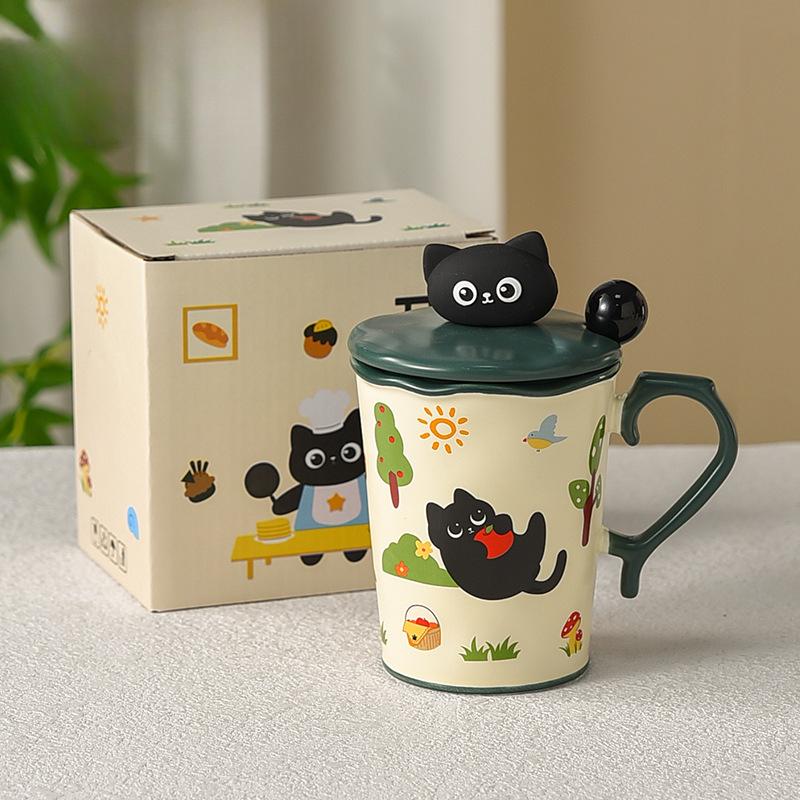 Милая керамическая кружка с крышкой и ложкой для девочек, нишевая офисная чашка для воды с дизайном высокой эстетики