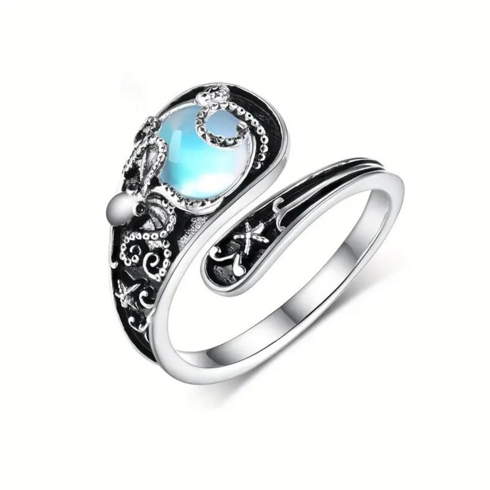 Open Ring Hawaiian Octopus Moonstone Adjustable Vintage Silver Womens Boho Jewelry