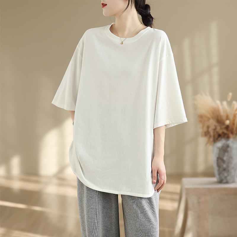 DIMANAF 2025 Женская Новая Летняя Футболка Большого Размера Короткий Рукав Хлопок Винтаж Свободные Топы Футболки Однотонная Макси