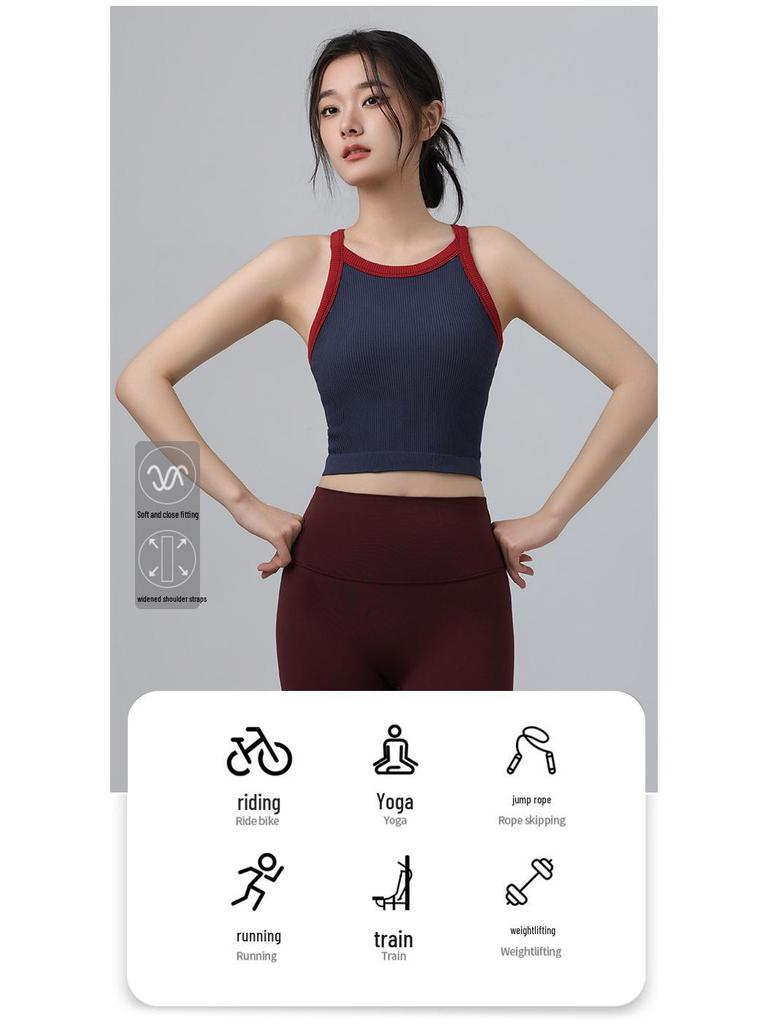 Спортивный бюстгальтер с высокой эластичностью и цветовым контрастом 2025: Женский ударопрочный фитнес-бра с фиксированными чашками для осени/зимы