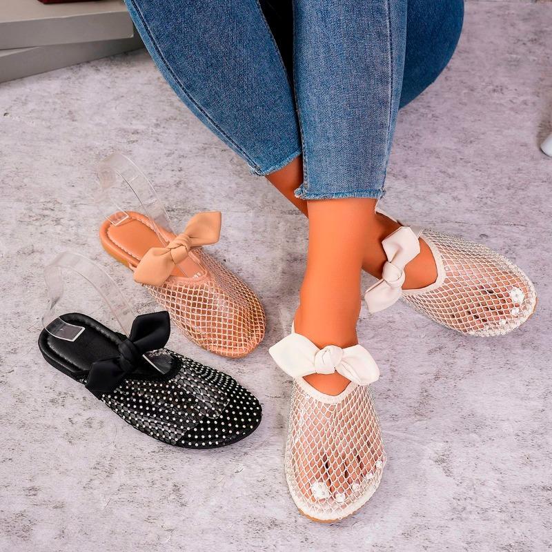 Модные женские тапочки baotou, осенние, новые, с круглой головкой, со стразами, с сеткой, полые, с бабочкой, с узлом на плоской подошве