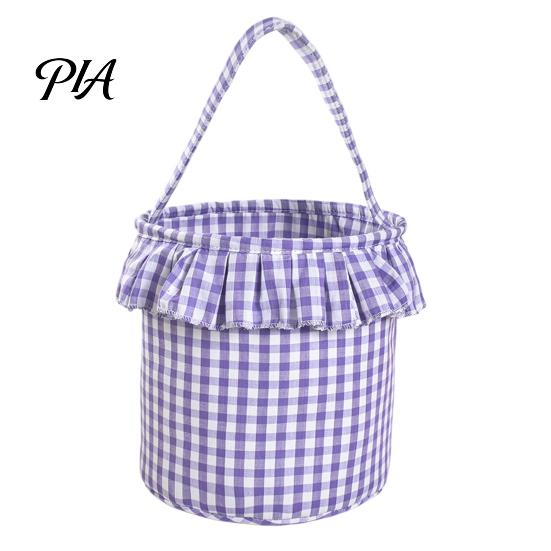 Easter Egg Hunt Carriers Halloween Basket, Plaid Ruffle Trick or Treat Candy Bucket with Handle Bags for Kids Kids, Reusable Gingham Fabric