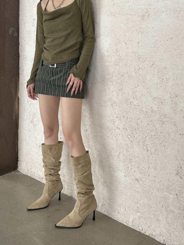 Модная обувь для женщин Элегантная обувь на каблуке Высокие каблуки Long New Rock Зимние ботфорты до колена Женские ботинки Заостренный носок Распродажа 2024 Новинка ПУ