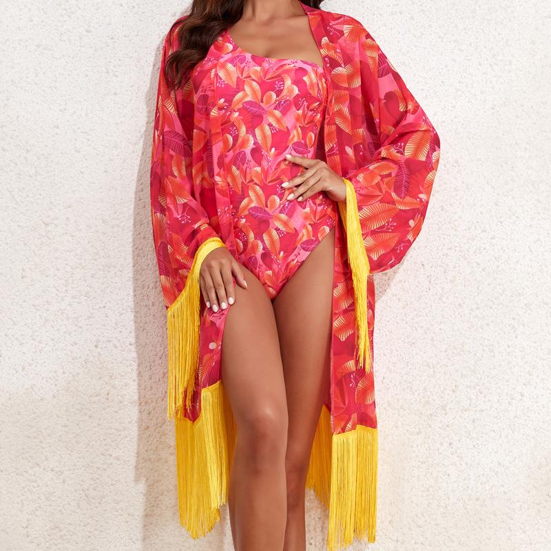 2024 European & American Three-Piece Swimsuit Set: Long Sleeve Sunscreen Cover-up Bikini for Women.
