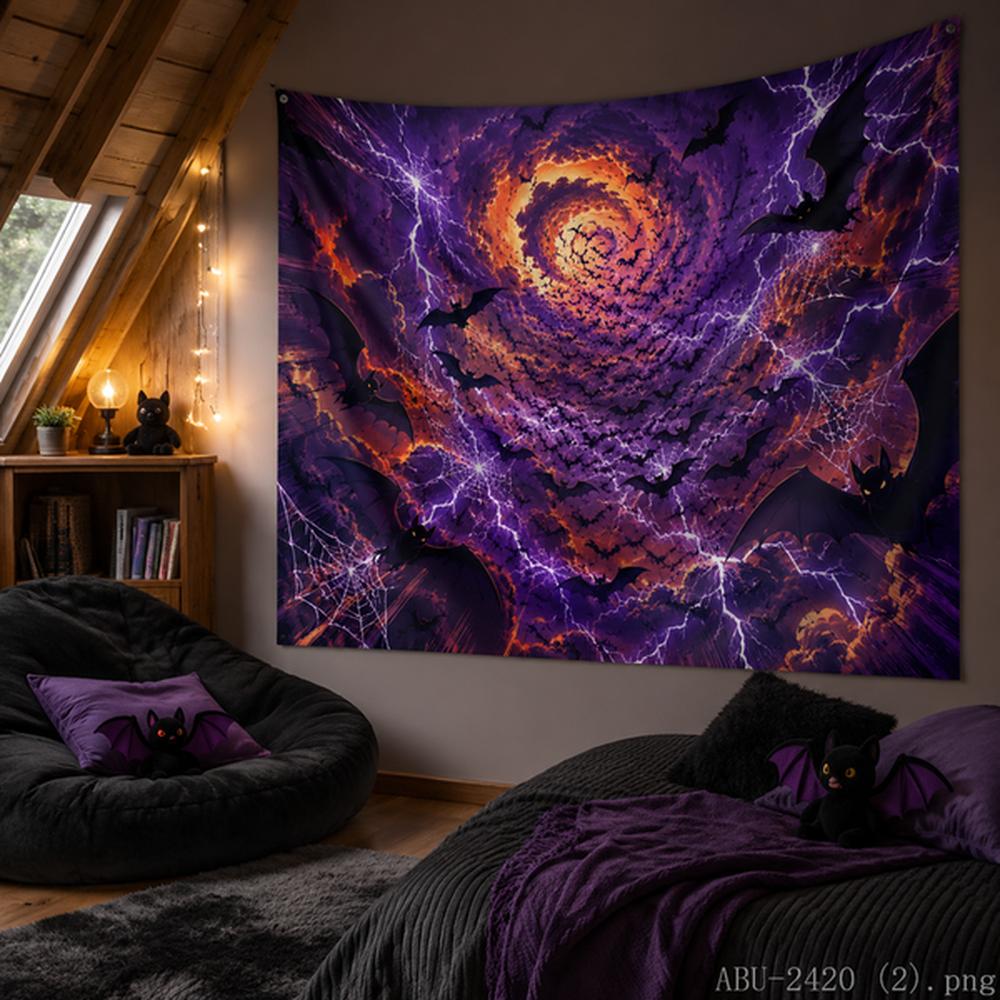 Pumpkin Patch Tapestry – Cute Animated Pumpkins, Black Bats, Spooky Web, Fall Season Room Decor