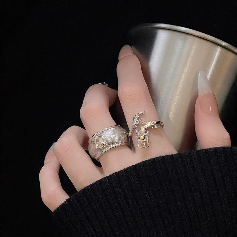 Dragon-Shaped Design Open Ring Chinese Style Gold-Plated Diamond-Set Luxury Retro Personality Advanced Sense Asymmetrical Ring Woman
