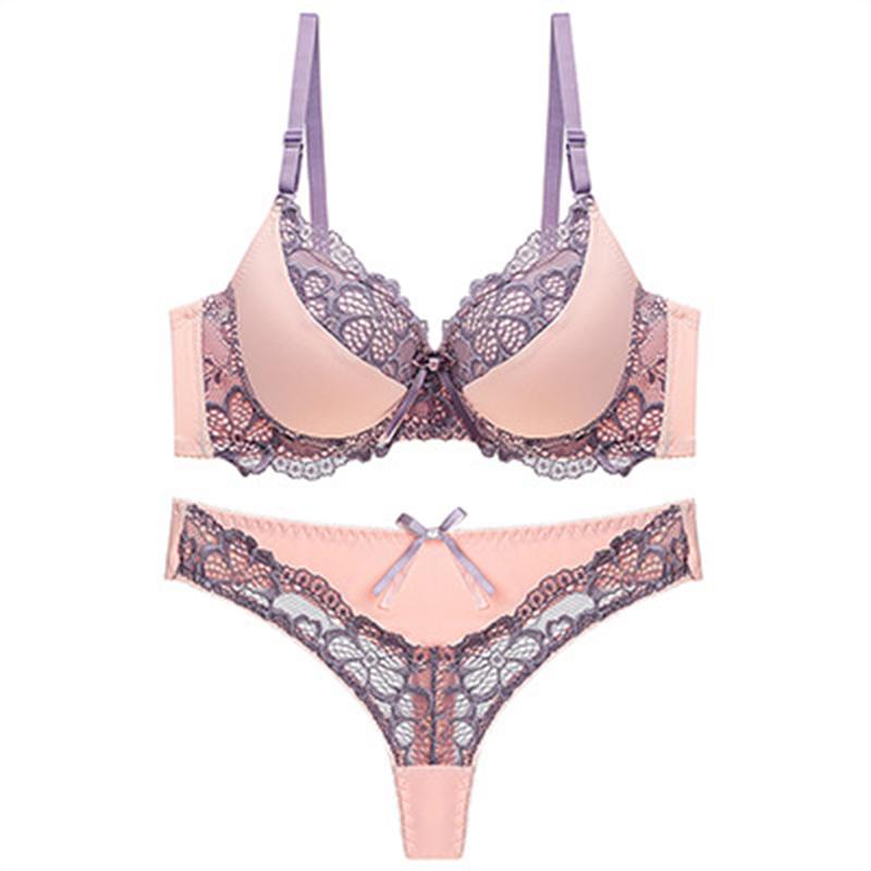 Sexy Bra Cover Color Collision Design Hollow Lace Embroidery Hotsweet Women's Lingerie Set Underwear+G-string