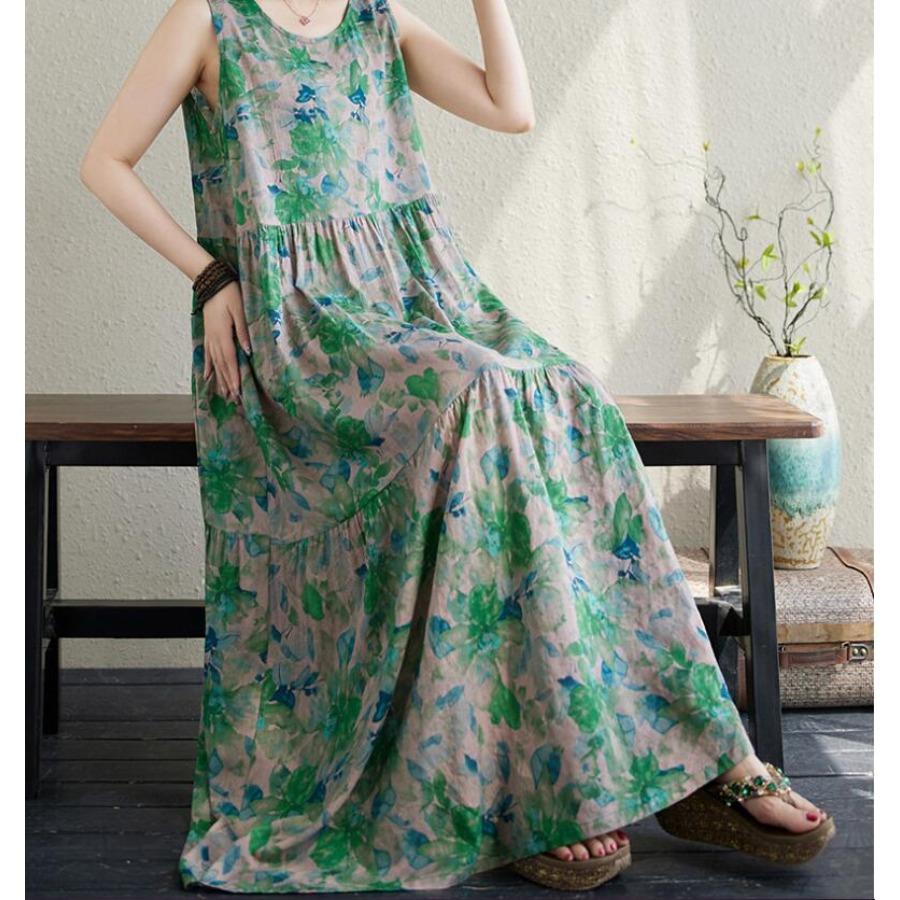Плюс размер зеленые платья без рукавов с цветочным принтом и круглым вырезом, повседневное хлопково-льняное пляжное длинное платье трапециевидной формы большого размера для женщин
