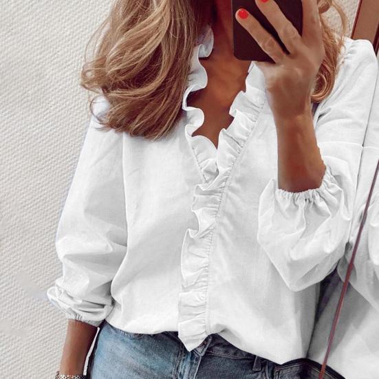 Женская свободная блузка с рюшами и V-образным вырезом с длинным рукавом и повседневным фонариком