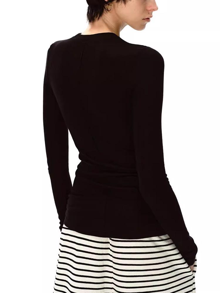 Женская приталенная футболка с длинным рукавом в стиле ретро из легкой американской шерсти и тенселя - Приятный к коже и эластичный базовый слой