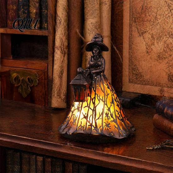 Retro Hollow Carved Sculpture Halloween Witch Lamp, Stained Glass Style Gothic Table Lamp with Lantern, Artistic Resin Craft Ornament LED Night Light