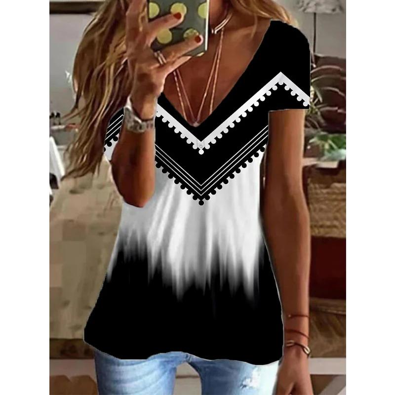 Летний топ с V-образным вырезом и 3D-принтом, модные повседневные женские футболки с короткими рукавами