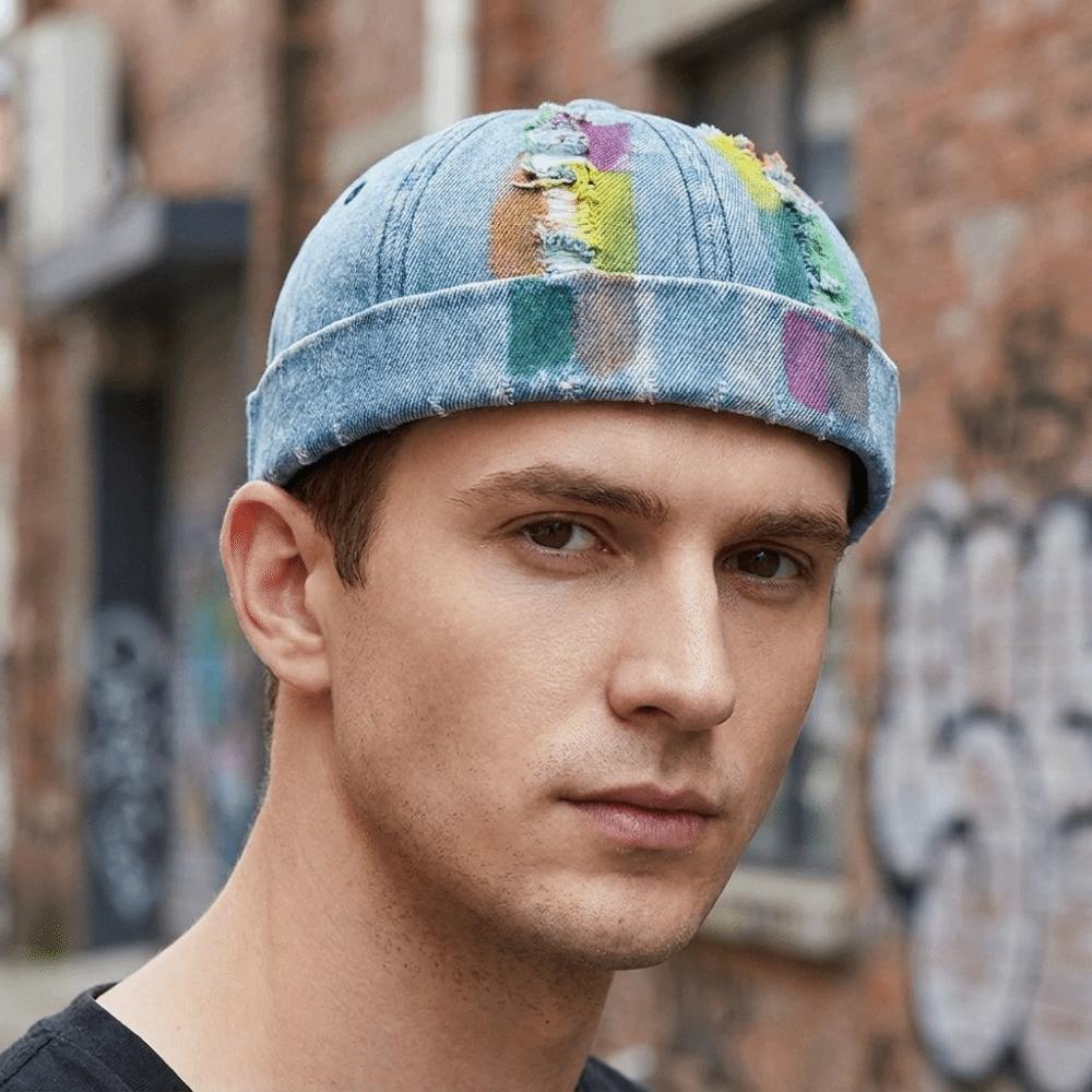 Cotton Polyester Blend Melon Skin Cap Distressed Denim Beanie New Docker Cap Daily