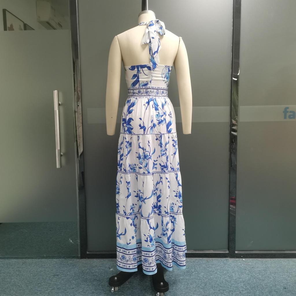 Women Maxi Dresses Summer Fashion Vintage Printed Backless Halterneck Tie Up Cutout Party Beach Long Skirt Dresses