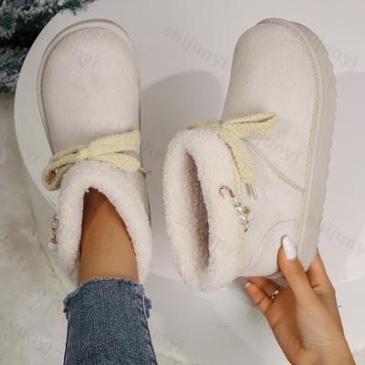 Женские короткие ботинки 2025 Зима Новые Уличные Утепленные Теплые Слипоны Снежные ботинки Удобный Бант Нескользящие Хлопковые туфли